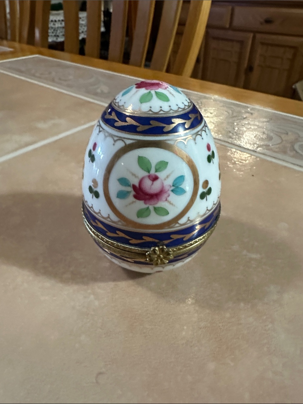 Hand-Painted Porcelain Floral Egg Trinket Box - White and Blue